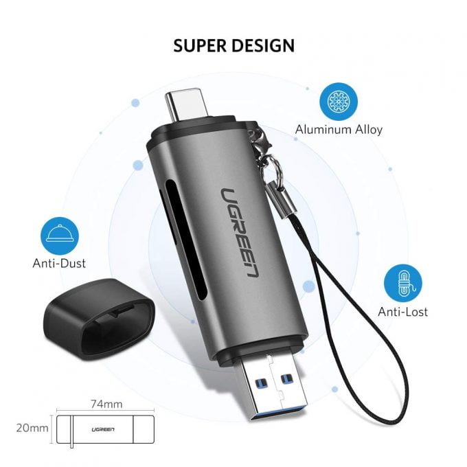 UGREEN USB C Card Reader with USB 3 Port and SD/Micro SD Slots, Fast Transfer Speeds