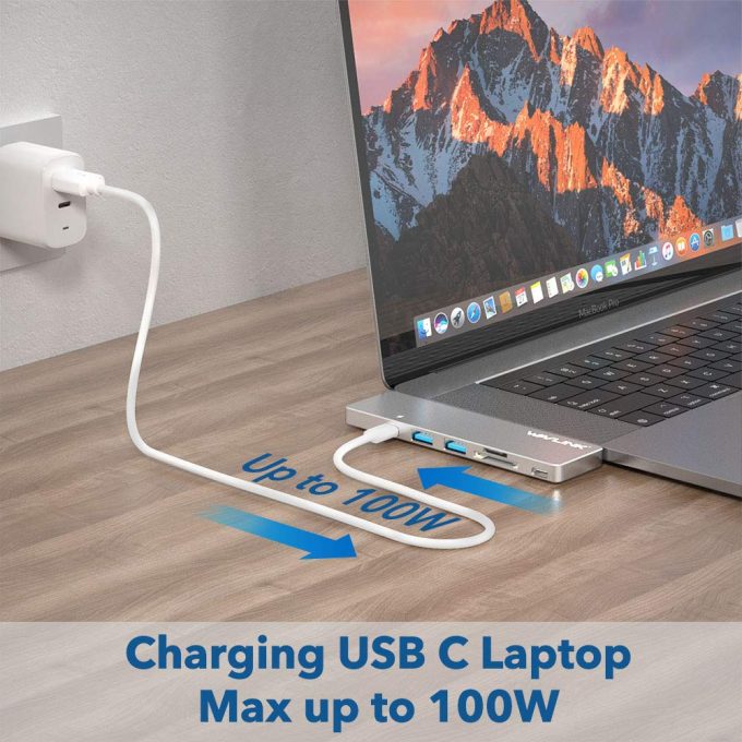 WAVLINK MacBook USB C Hub with 4K HDMI, SD/Micro Card Reader and 100W Power Delivery, Silver