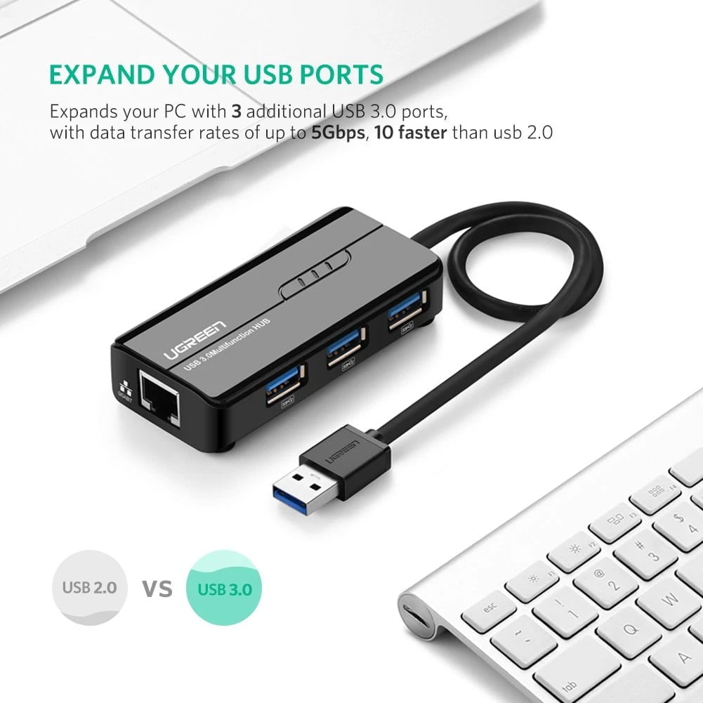 Ugreen USB 3.0 Hub con Gigabit Ethernet 10 100 1000 Mbps 3 porte USB adattatore RJ45 