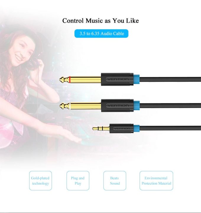VENTION 3.5mm to Dual 6.5mm Auxiliary Splitter Cable, 2 Meters