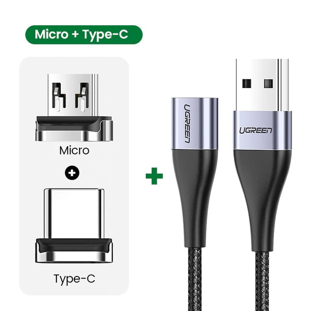 UGREEN Magnetic Cable with USB C and Micro USB Plugs, 1 Meter