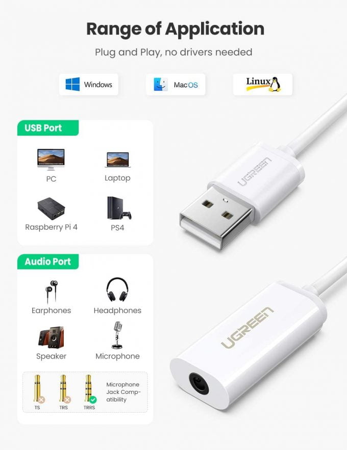 UGREEN External USB Sound Card Audio Adapter with 3.5mm Aux, White