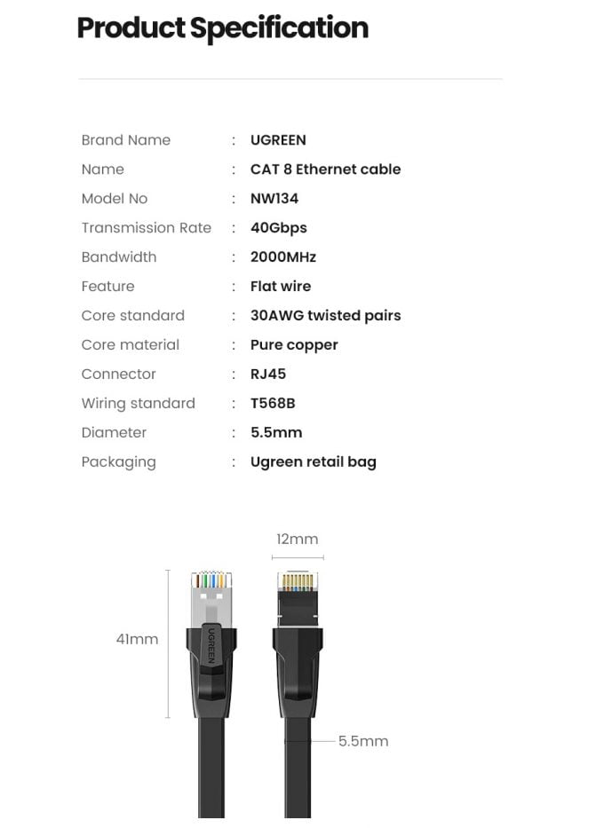 UGREEN Cat 8 Ethernet Cable, 30AWG 40Gbps Flat LAN Cable, 1 Meter