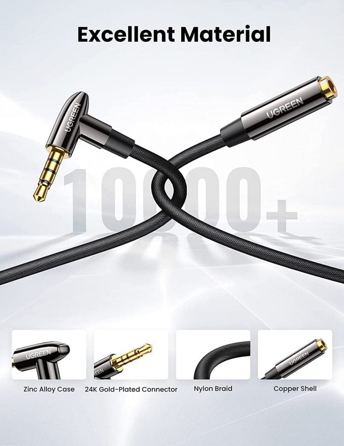UGREEN 3.5MM 90 Degree Audio Cable Male to Female 4-Pole TRRS Clear Sound, 2 Meters