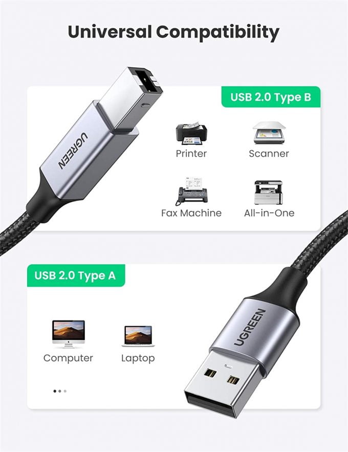 UGREEN USB 2.0 Cable A Male to USB B Male Braided Cable, 3 Meters