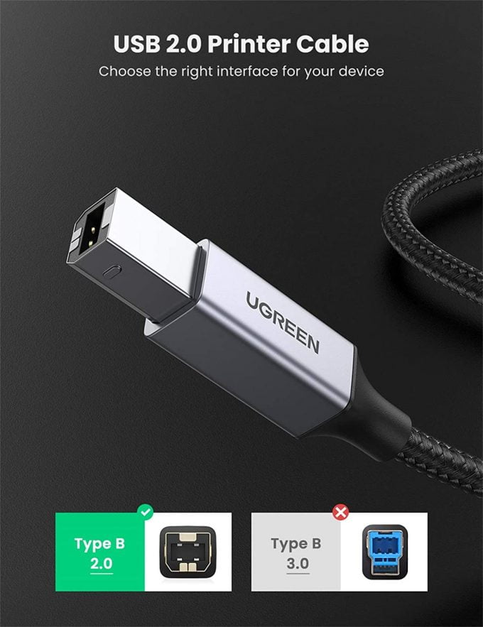 UGREEN USB 2.0 Cable A Male to USB B Male Braided Cable, 3 Meters
