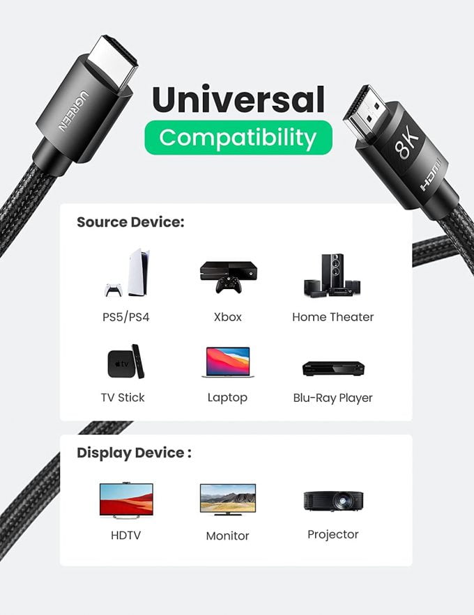 UGREEN HDMI 2.1 Cable 8K @ 60Hz eARC Dynamic HDR Dolby Vision Braided, 3 Meters