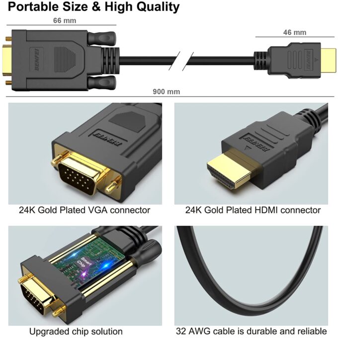 BENFEI HDMI to VGA Cable, Gold Plated Full HD HDMI to VGA Cable, 1 Meter