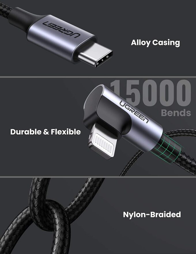 UGREEN USB C to Right Angle Lightning Cable, 18W Power Delivery Quick Charging Cable, 1 Meter